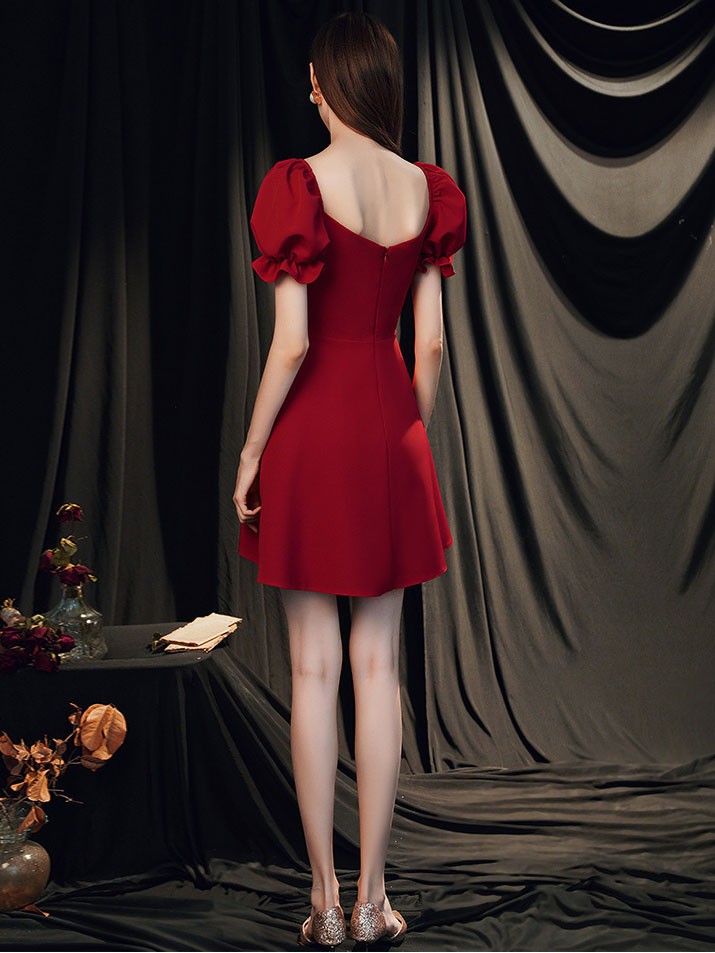 Simple Burgundy Satin Short Prom Dress, Burgundy Cocktail Dress