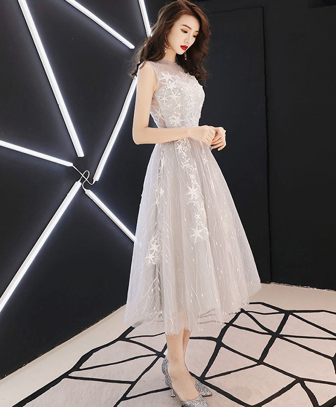 Gray Tulle Lace Short Prom Dress, Gray Homecoming Dress