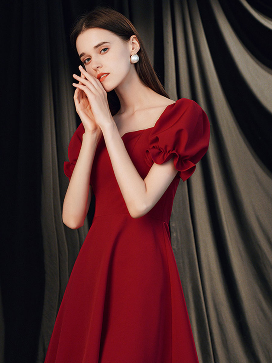 Simple Burgundy Satin Short Prom Dress, Burgundy Cocktail Dress