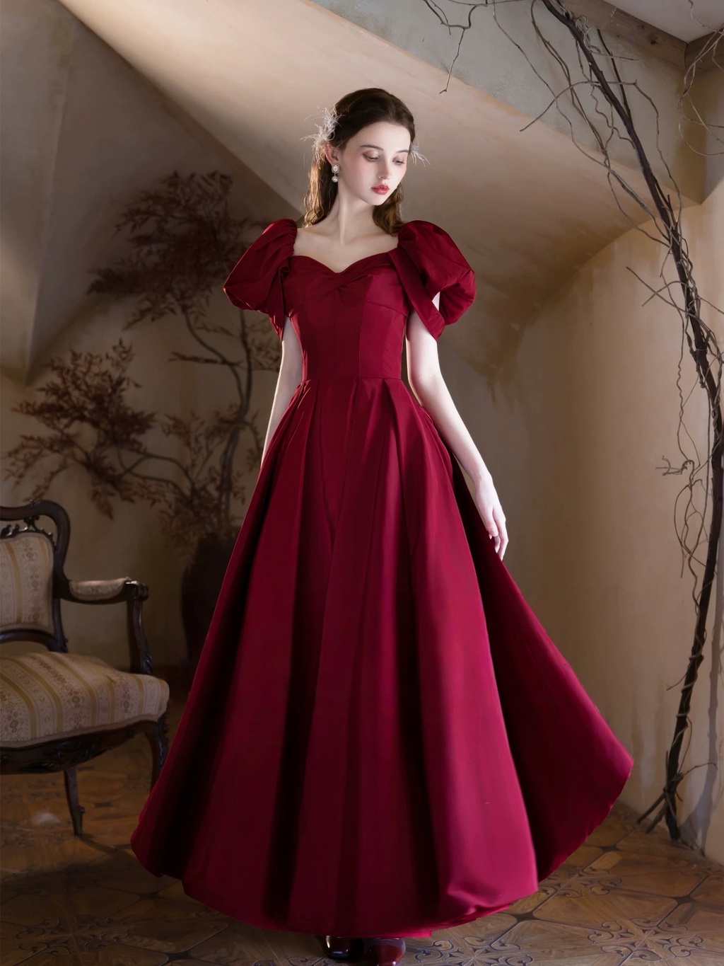 A-Line Puff Sleeves Satin Burgundy Long prom Dress, Burgundy Long Formal Dress