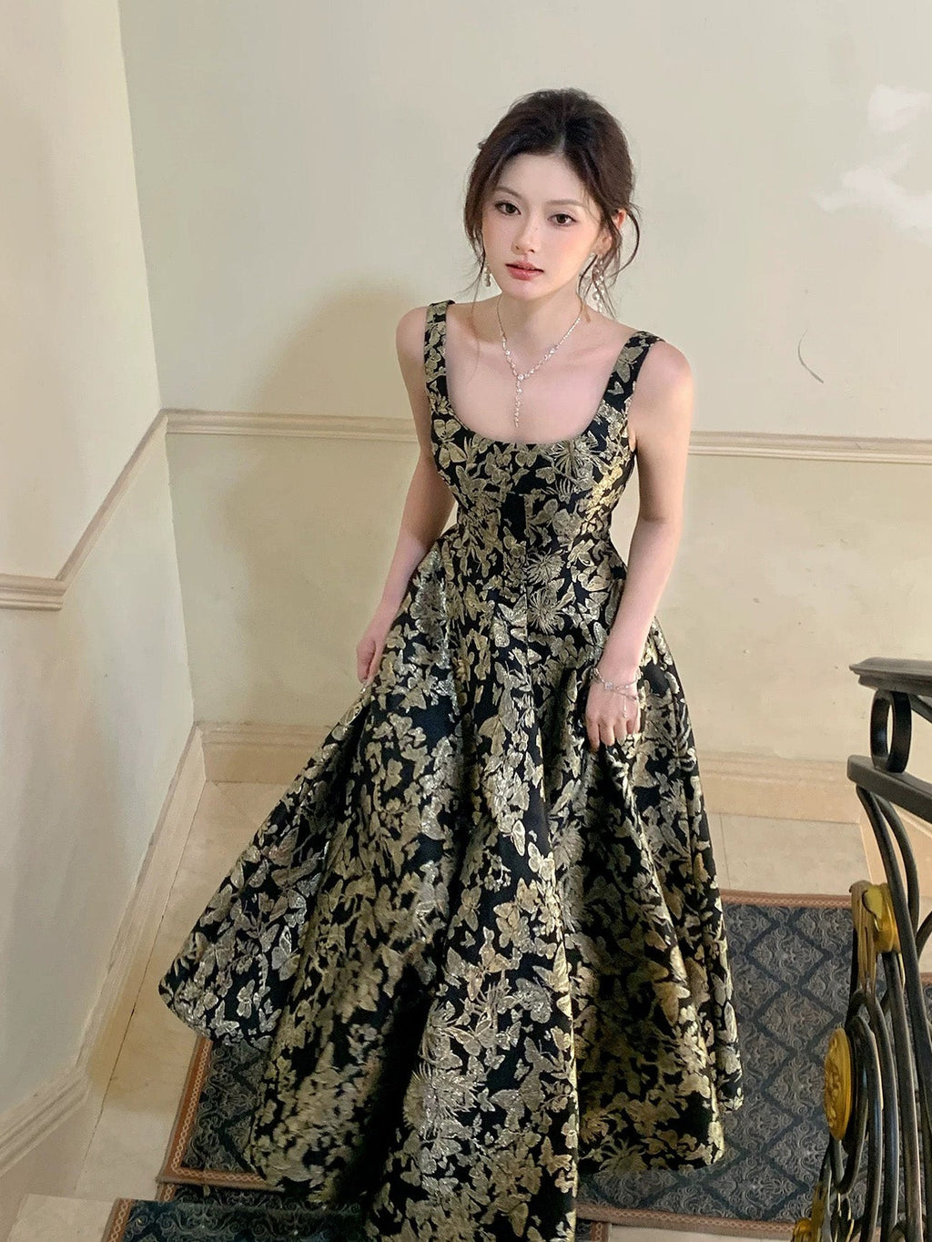 A-Line Floor Length Printed Satin Black Prom Dress