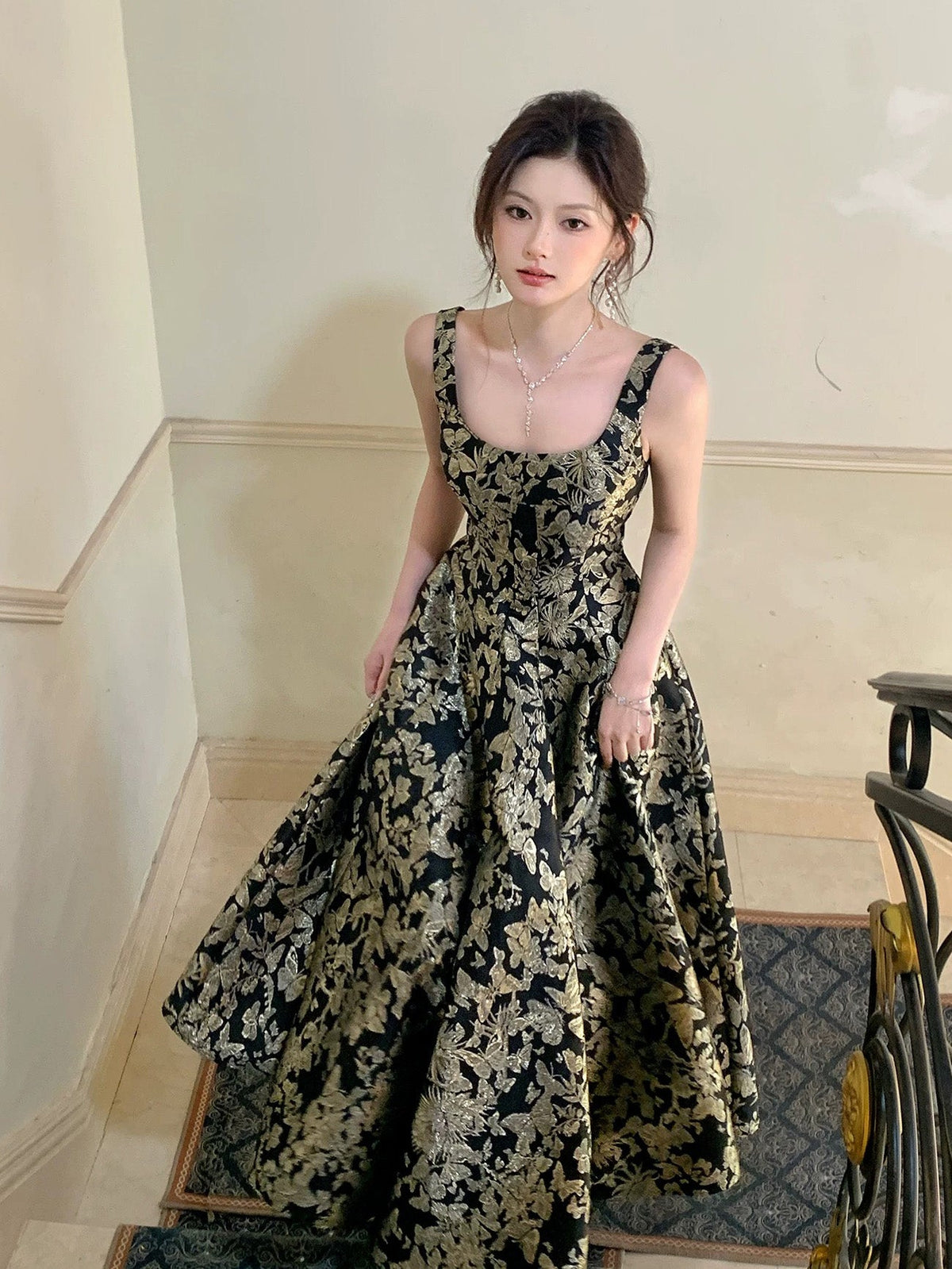 A-Line Floor Length Printed Satin Black Prom Dress