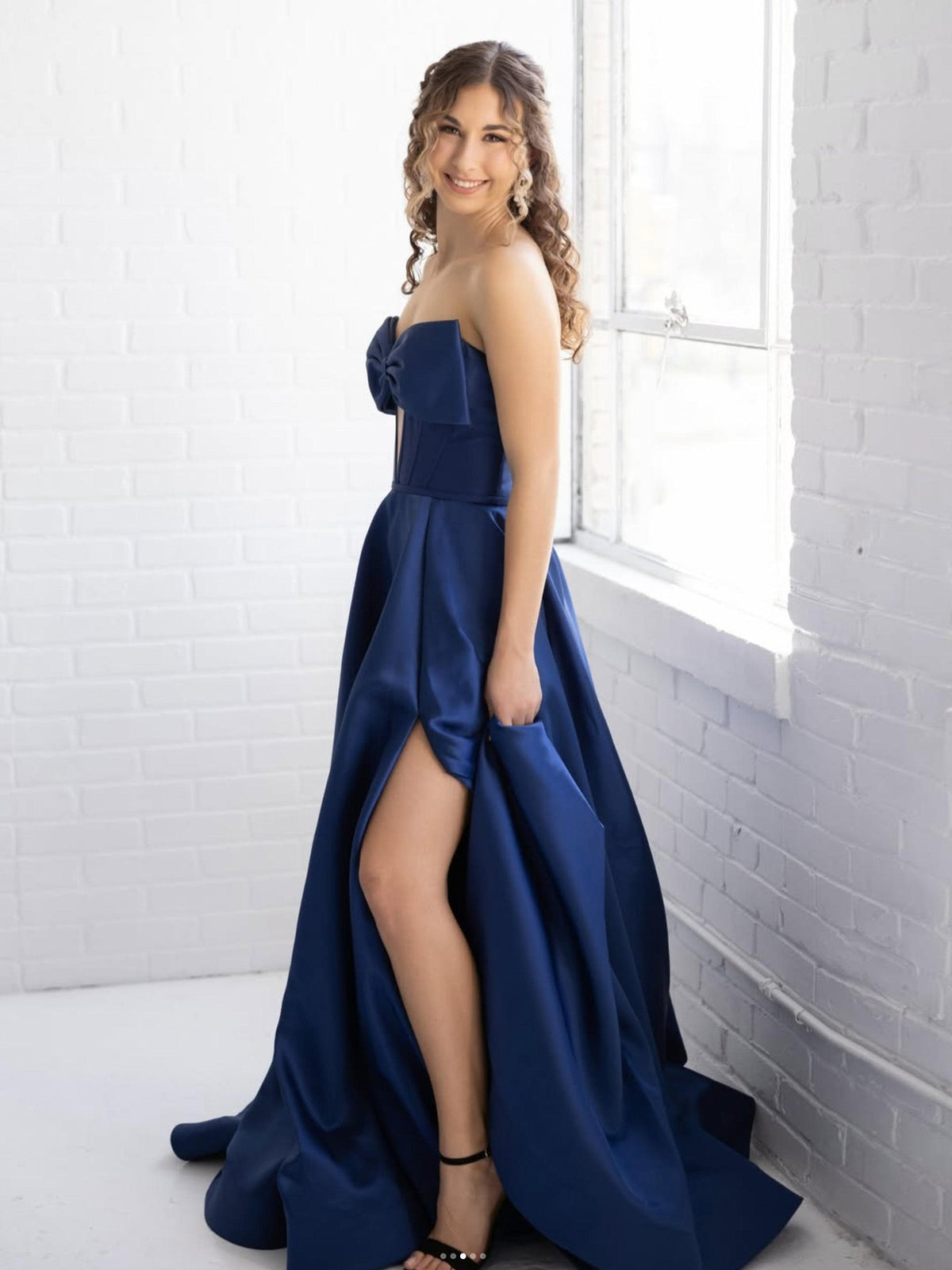 Simple A-Line Satin Dark Blue Long Prom Dress with Bow