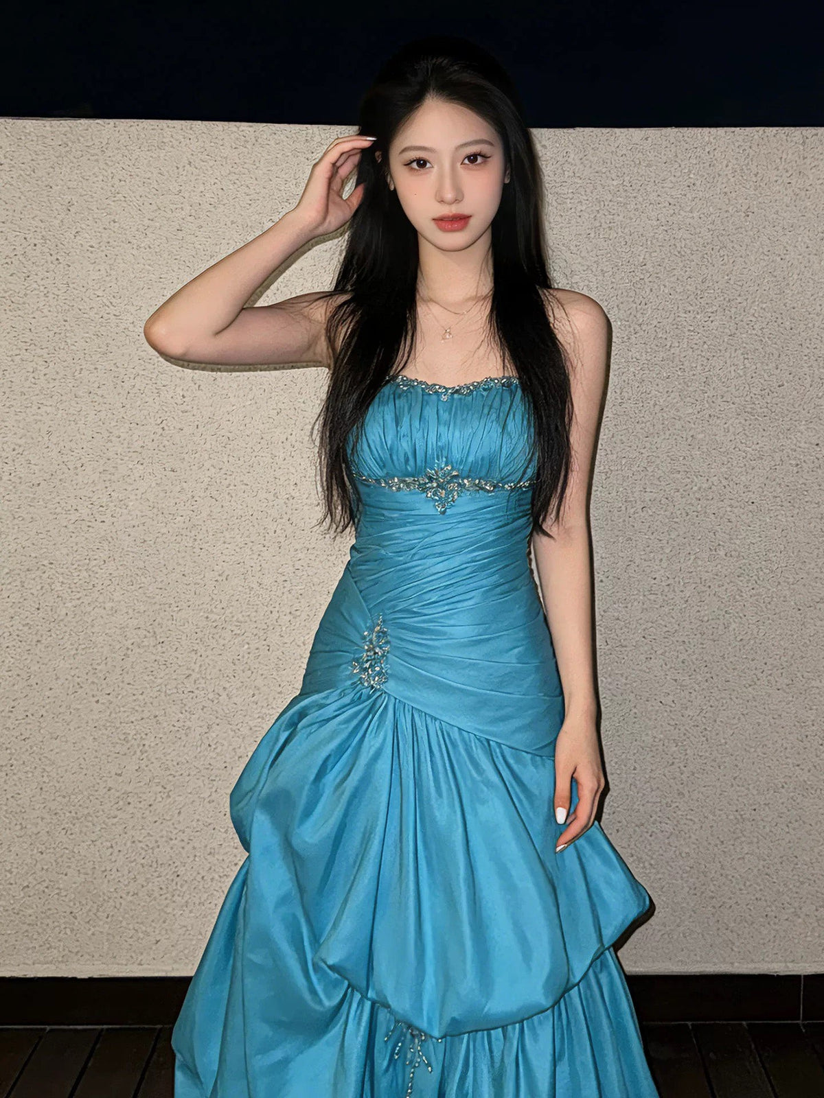A-line Sweetheart Taffeta Floor Length Blue Prom Dress with Beads