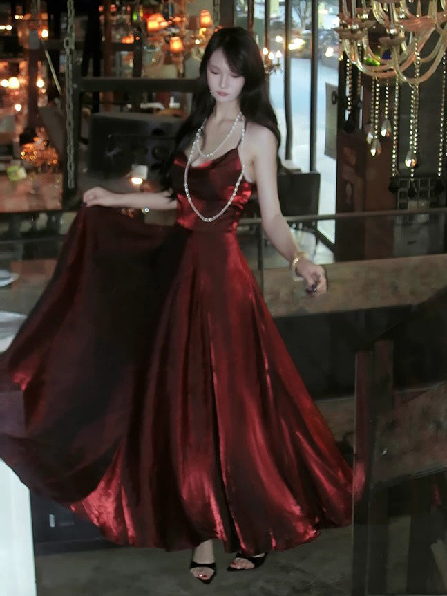 A-line V Neck Floor Length Burgundy Party Prom Dress