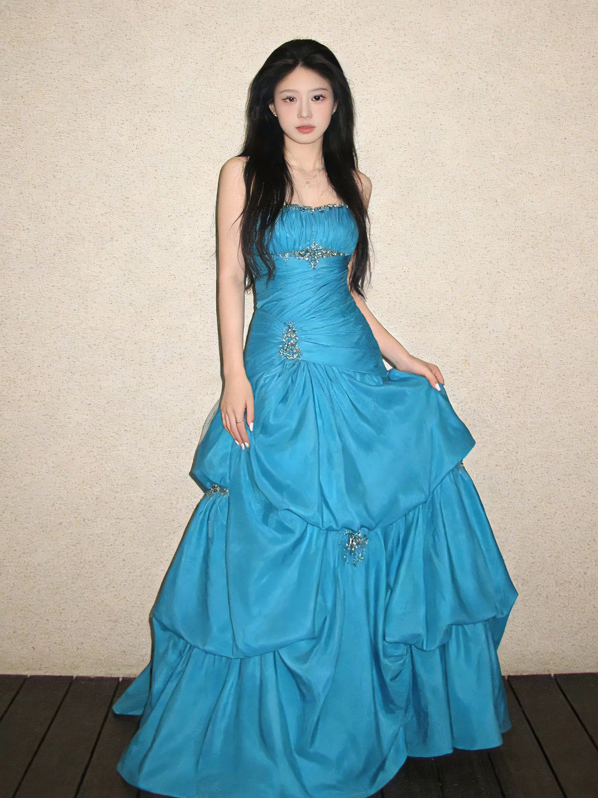 A-line Sweetheart Taffeta Floor Length Blue Prom Dress with Beads