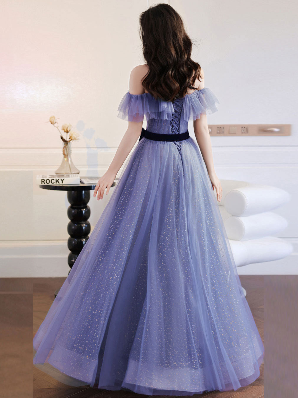 Purple A line Tulle Long Prom Dresses, Off Shoulder Formal Gown Graduation Dresses