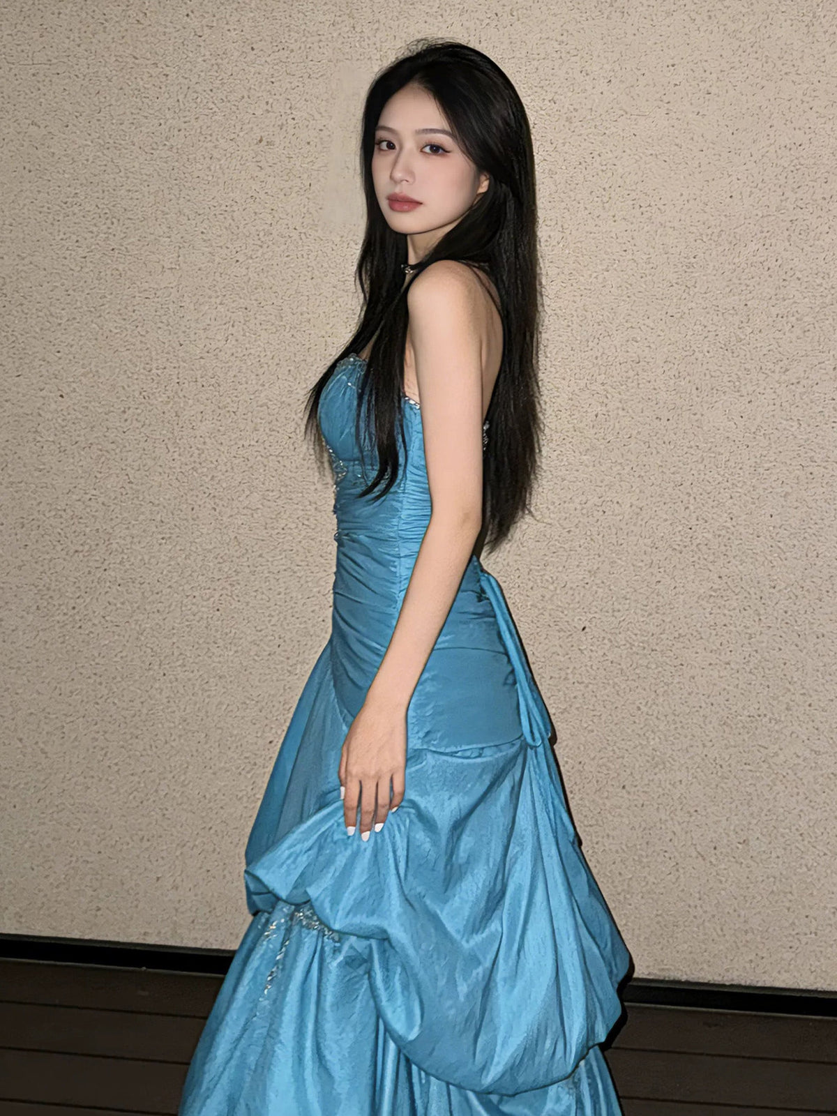 A-line Sweetheart Taffeta Floor Length Blue Prom Dress with Beads