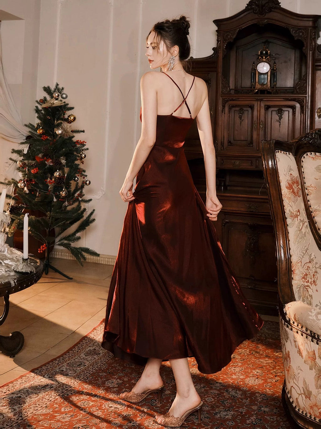 Simple A-Line Backless Tea Length Burgundy Prom Dress