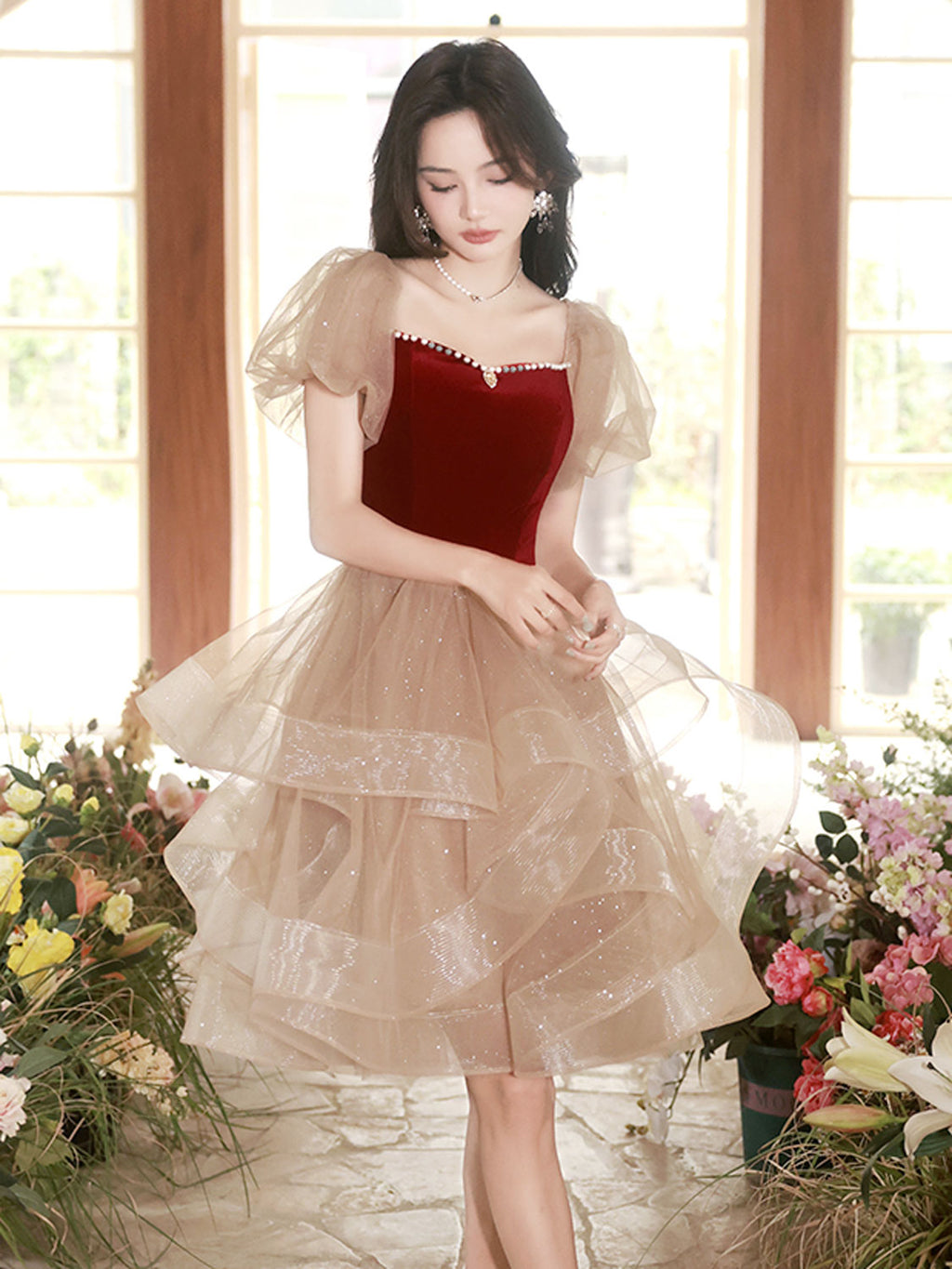 Champagne/Burgundy Tulle Short Prom Dress, Champagne/Burgundy Homecoming Dress