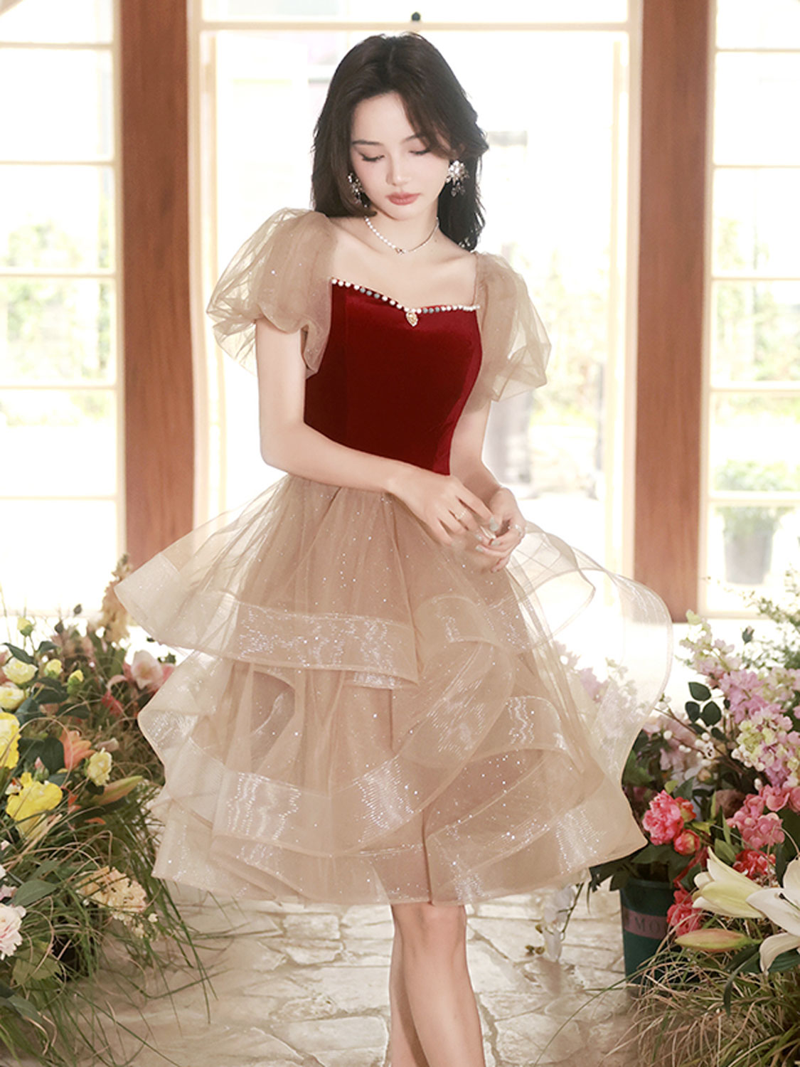 Champagne/Burgundy Tulle Short Prom Dress, Champagne/Burgundy Homecoming Dress