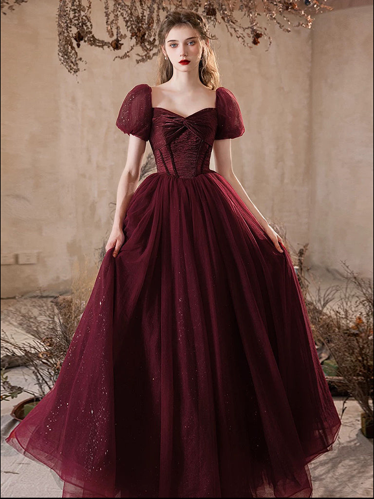 A-Line Puff Sleeves Tulle Burgundy Long Prom Dress, Burgundy Long Formal Dress