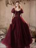 A-Line Puff Sleeves Tulle Burgundy Long Prom Dress, Burgundy Long Formal Dress
