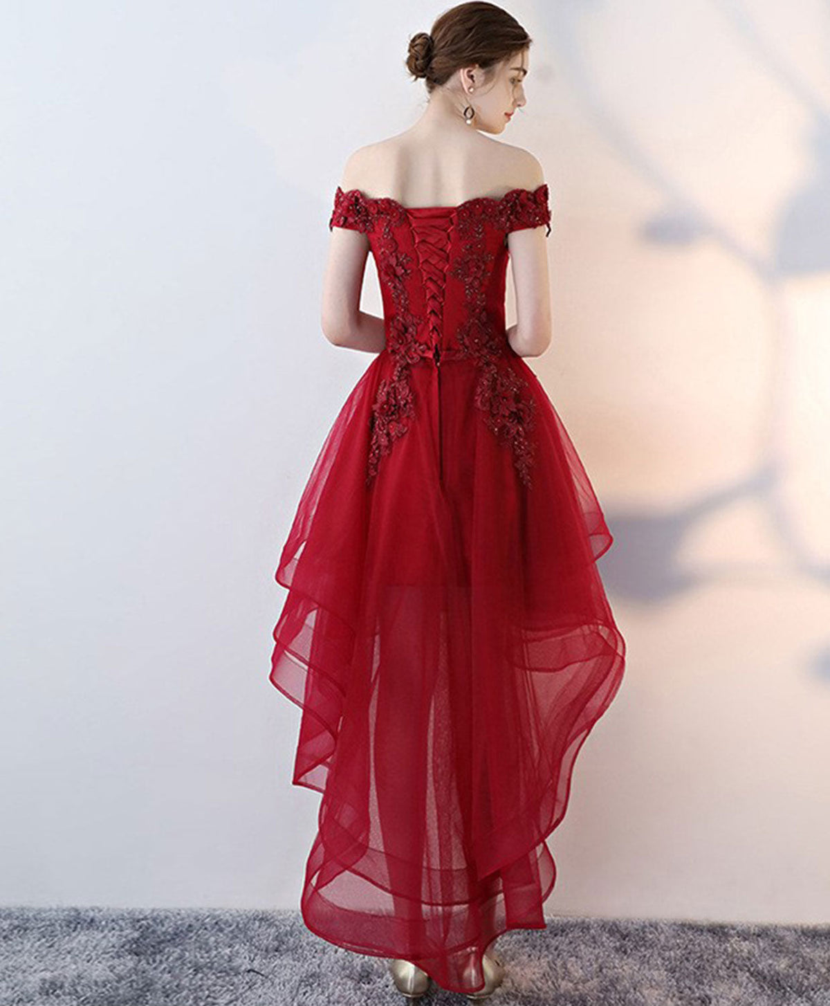 Burgundy High Low Tulle Lace Long Prom Dress, Lace Evening Dress