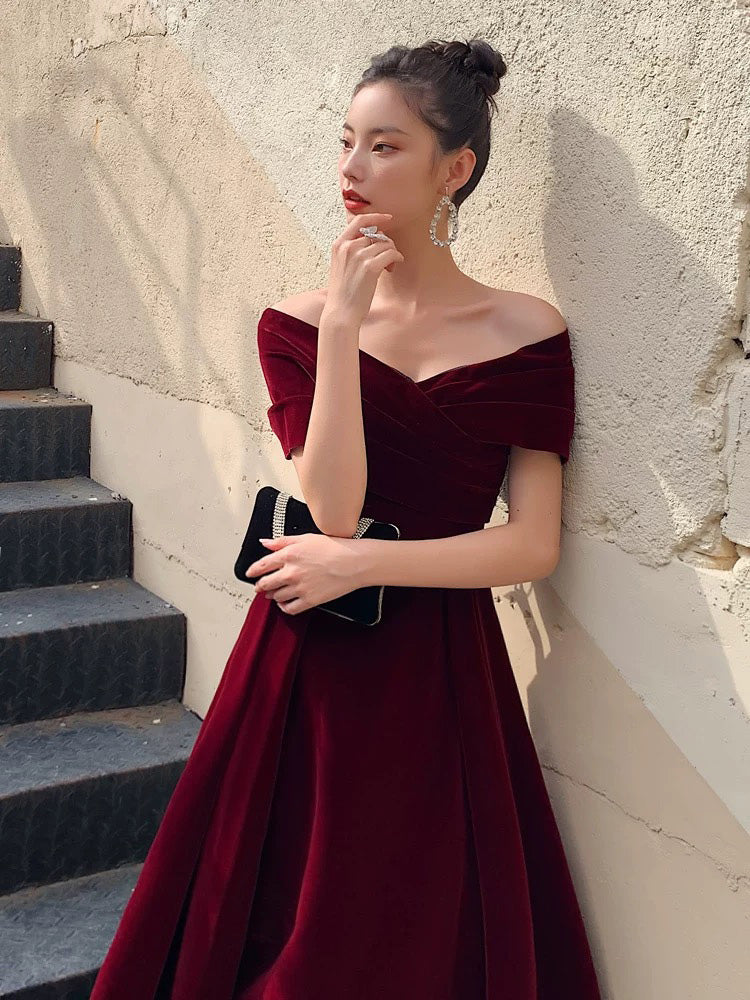 A-Line v Neck Off Shoulder Floor Length Velvet Burgundy Prom Dress