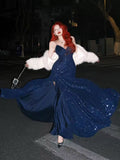 Mermaid V Neck Sequin Dark Blue Long Prom Dress, Blue Party Dress