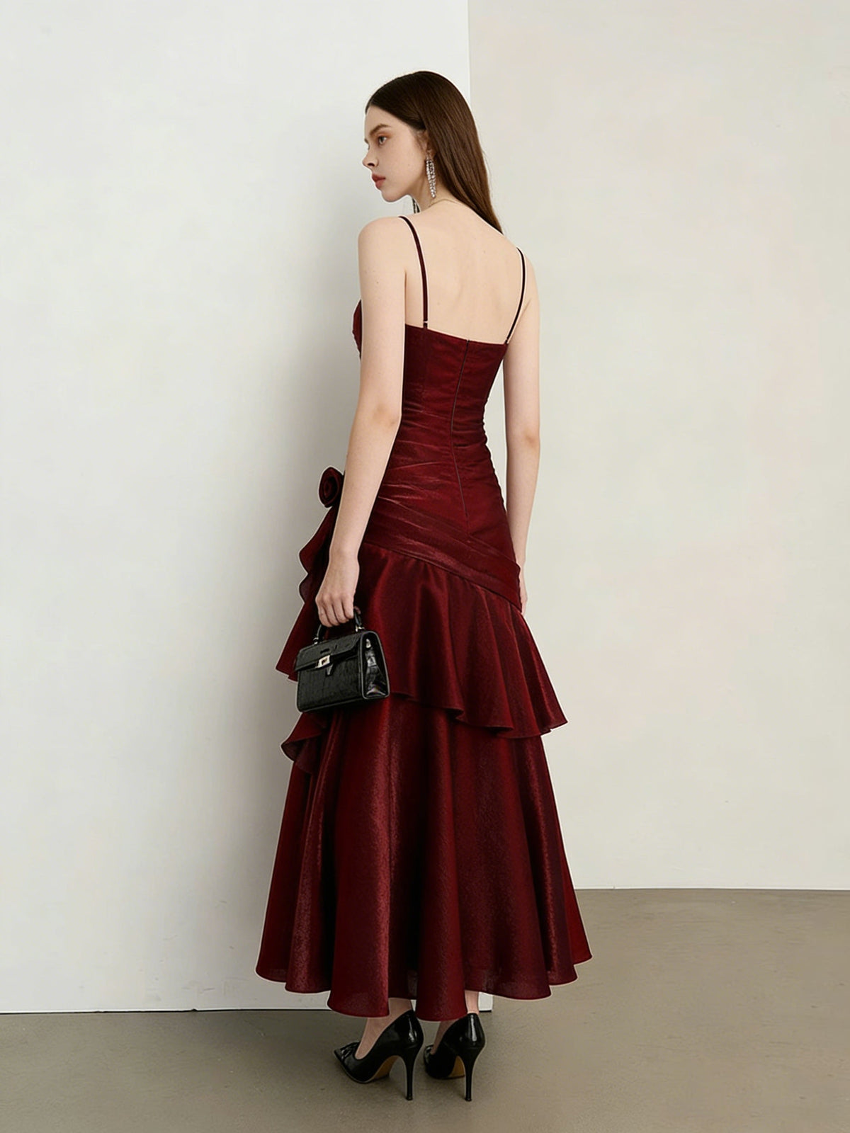 A-Line Sweetheart Neck Satin Tea Length Burgundy Party Dress
