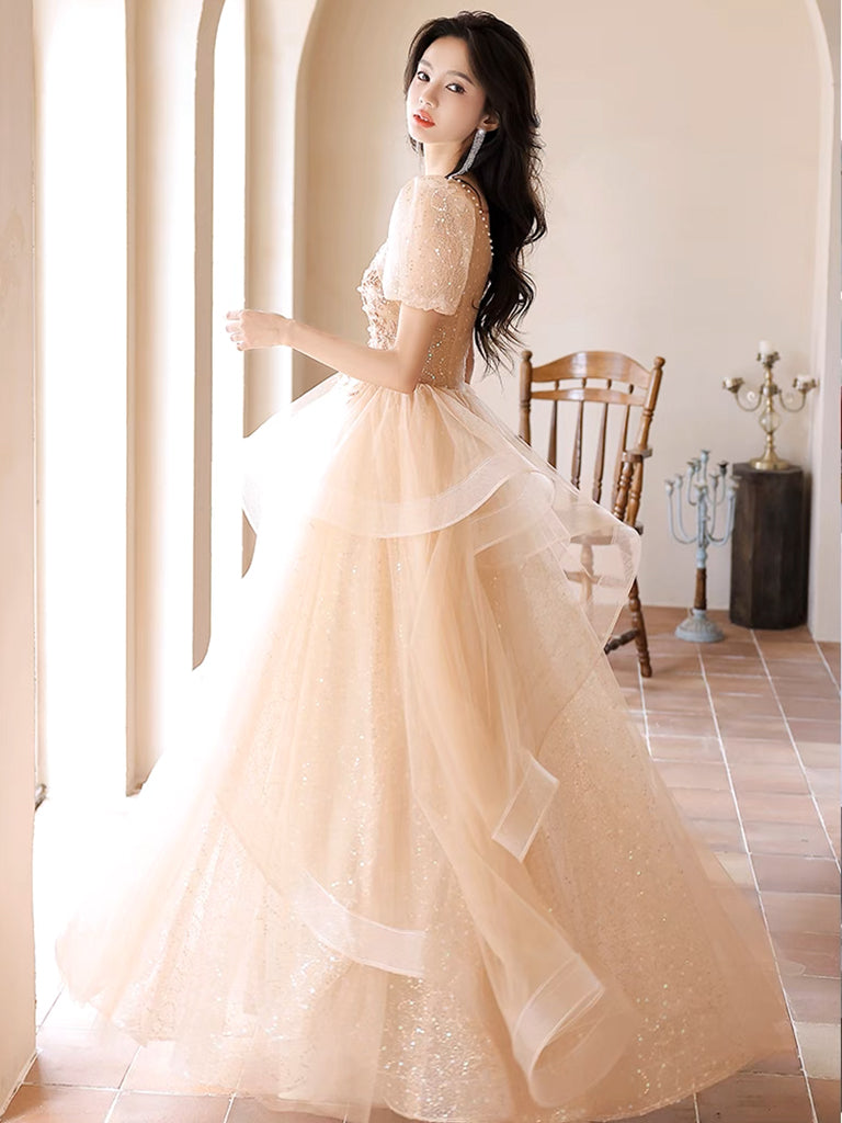 A-Line Champagne Tulle Lace Long Prom Dress, Champagne Long Formal Dress