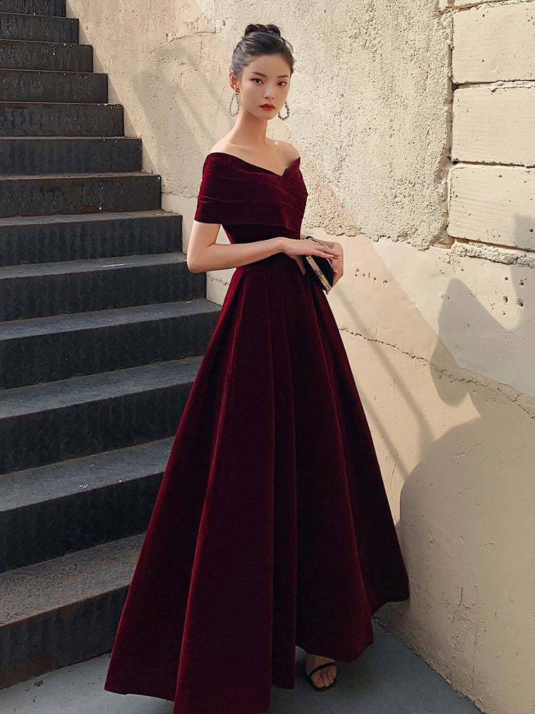 A-Line v Neck Off Shoulder Floor Length Velvet Burgundy Prom Dress