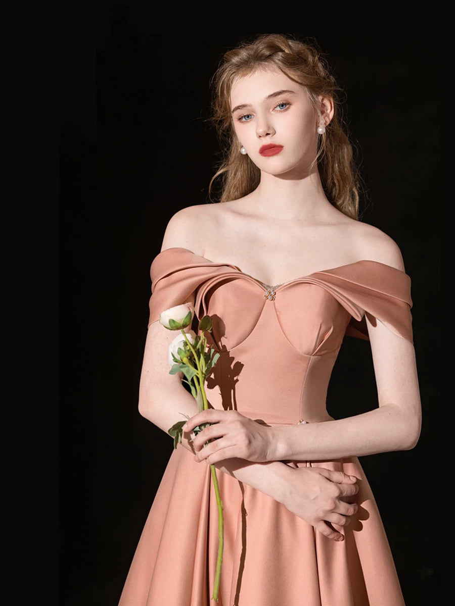A-line Off Shoulder Satin Floor Length Pink Long Prom Dress