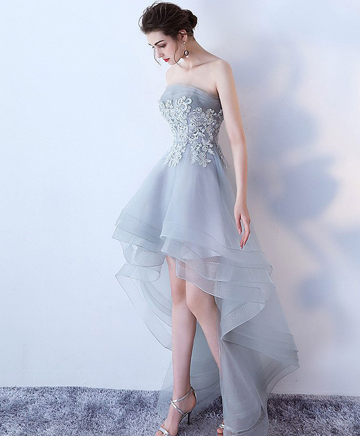 Gray Tulle Lace High Low Prom Dress, Cute Homecoming Dress