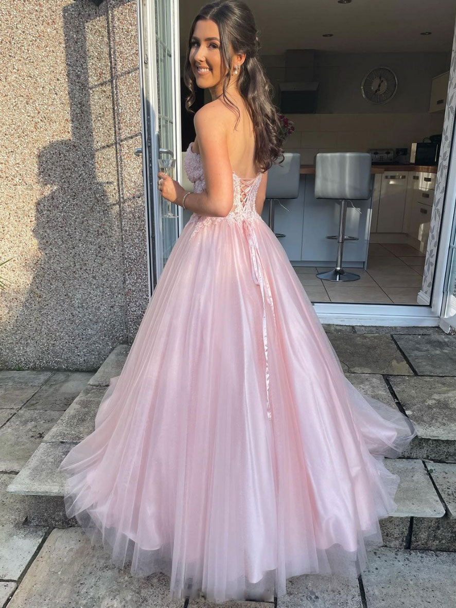 A-Line Sweetheart Neck Tulle Lace Pink Long Prom Dress
