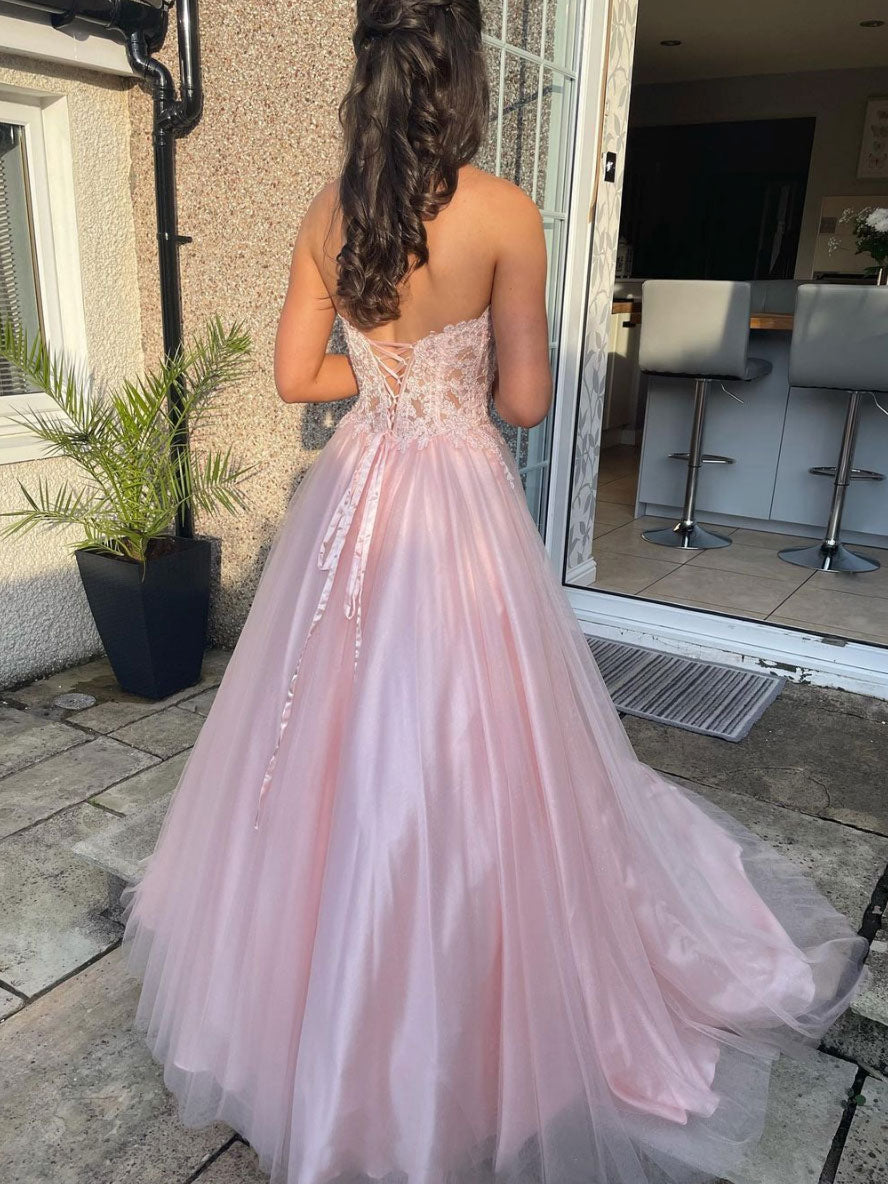 A-Line Sweetheart Neck Tulle Lace Pink Long Prom Dress