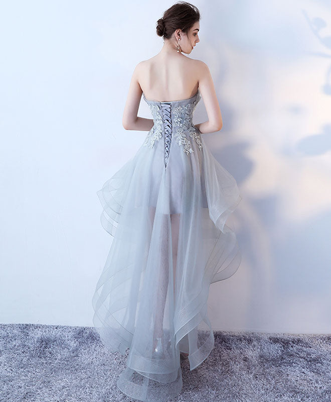 Gray Tulle Lace High Low Prom Dress, Cute Homecoming Dress