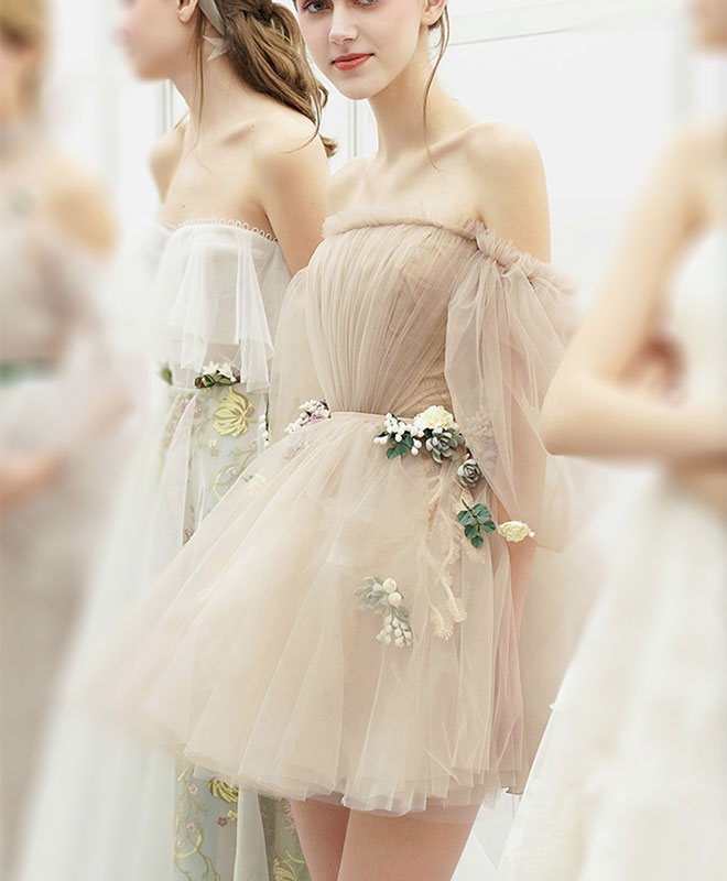 Cute Champagne Tulle Short Prom Dress, Champagne Homecoming Dress
