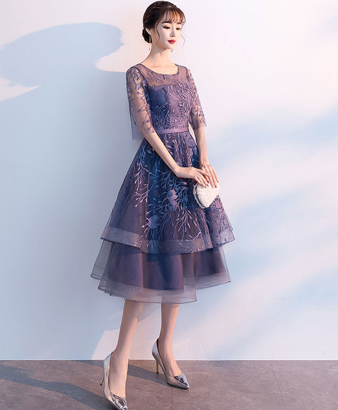 Purple Tulle Lace Short Prom Dresses, Scoop Neck Lace Purple Homecoming Dresses