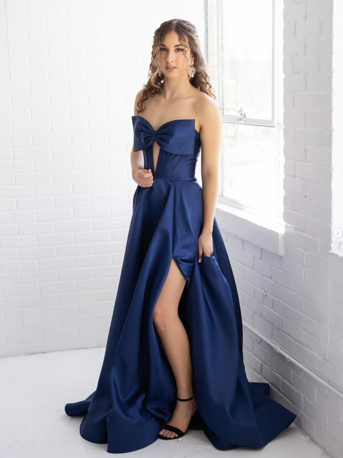 Simple A-Line Satin Dark Blue Long Prom Dress with Bow