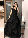 A-line V Neck Satin Floor Length Black Prom Dress, Black Formal Dress
