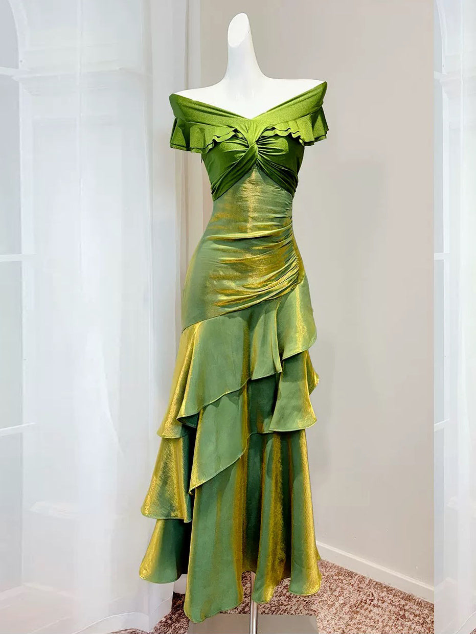 Mermaid Off Shoulder Silk Floor Length Green Prom Dress