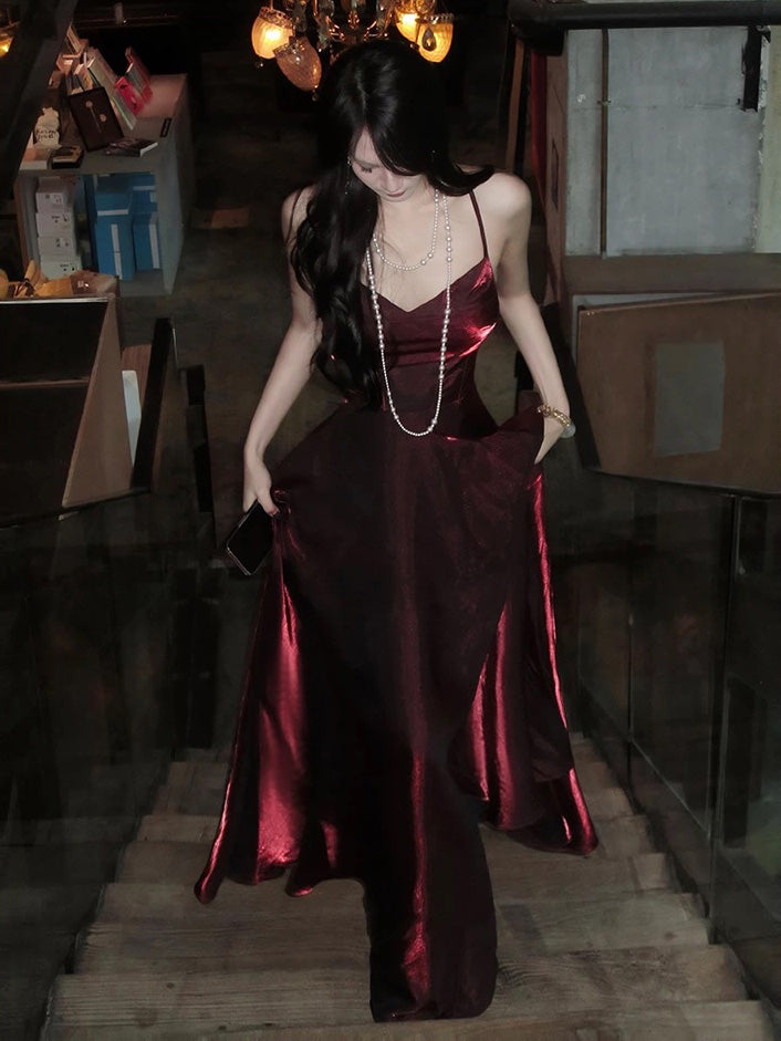 A-line V Neck Floor Length Burgundy Party Prom Dress