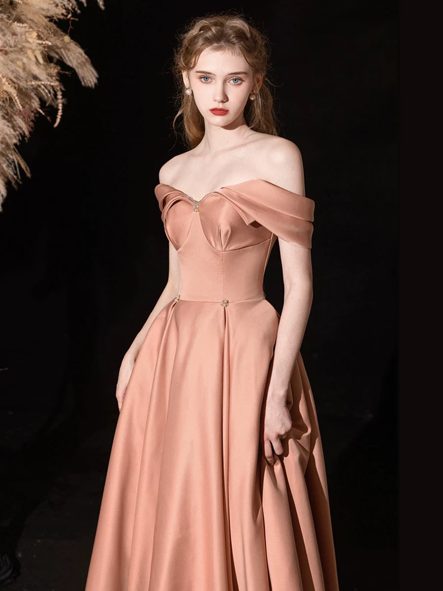 A-line Off Shoulder Satin Floor Length Pink Long Prom Dress