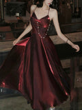 A-line V Neck Floor Length Burgundy Party Prom Dress