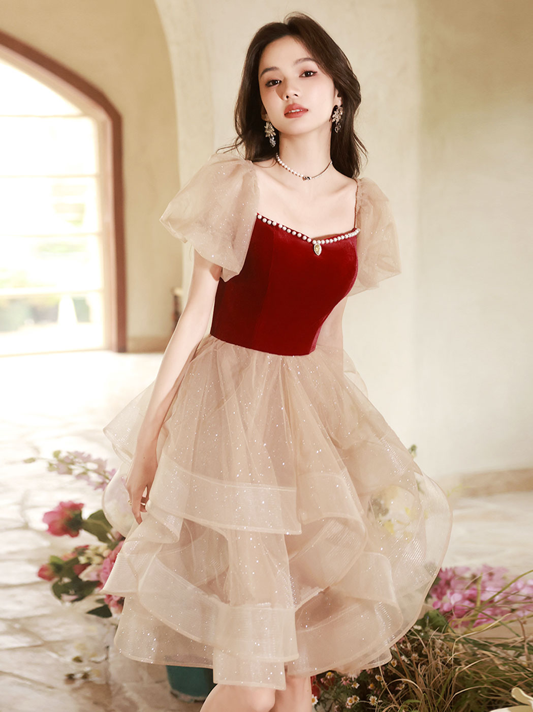 Champagne/Burgundy Tulle Short Prom Dress, Champagne/Burgundy Homecoming Dress