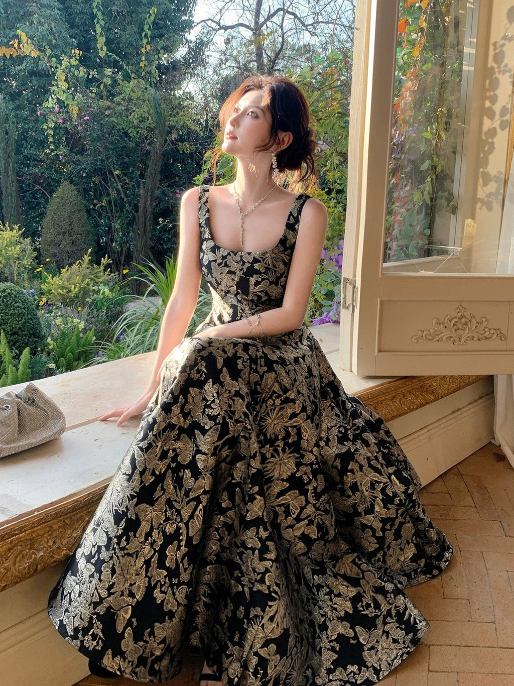 A-Line Floor Length Printed Satin Black Prom Dress
