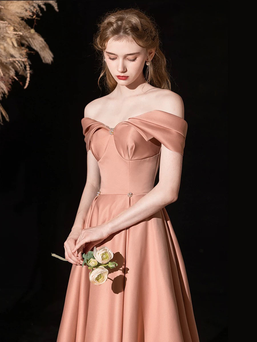 A-line Off Shoulder Satin Floor Length Pink Long Prom Dress
