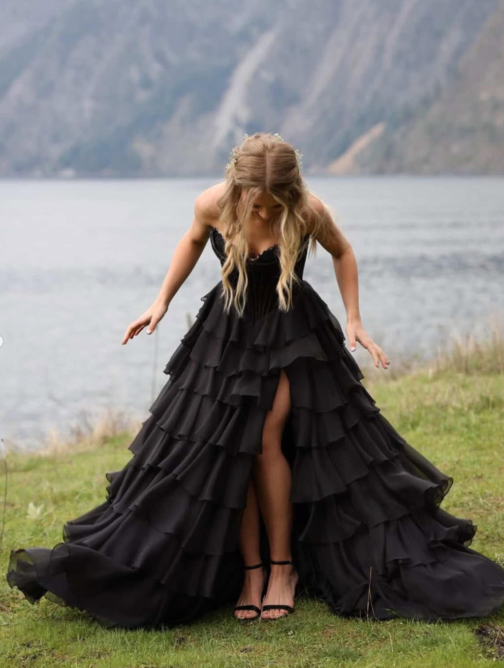 A-line V Neck Chiffon Ruffles Floor Length Prom Dress