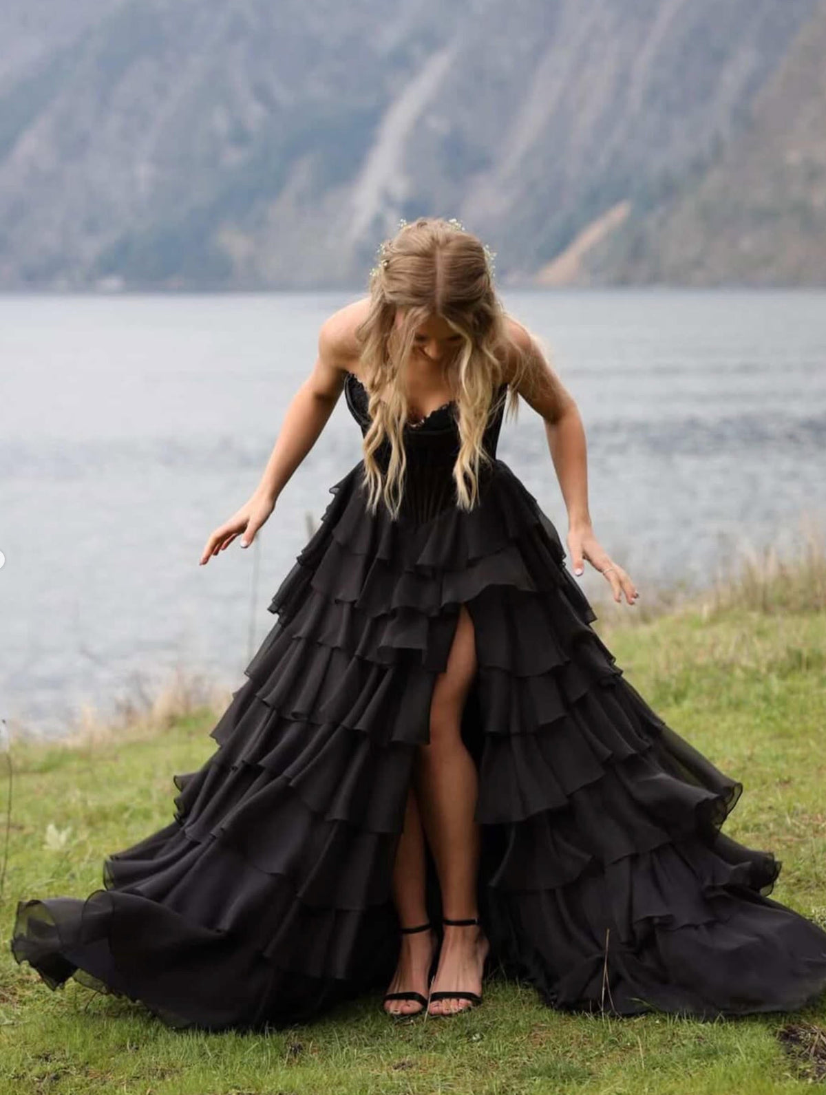A-line V Neck Chiffon Ruffles Floor Length Prom Dress