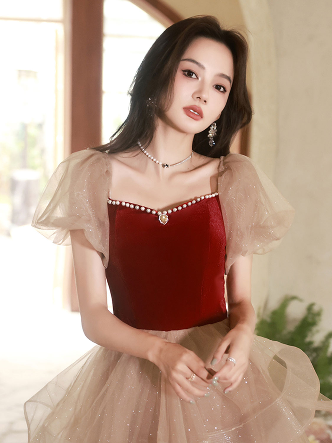 Champagne/Burgundy Tulle Short Prom Dress, Champagne/Burgundy Homecoming Dress