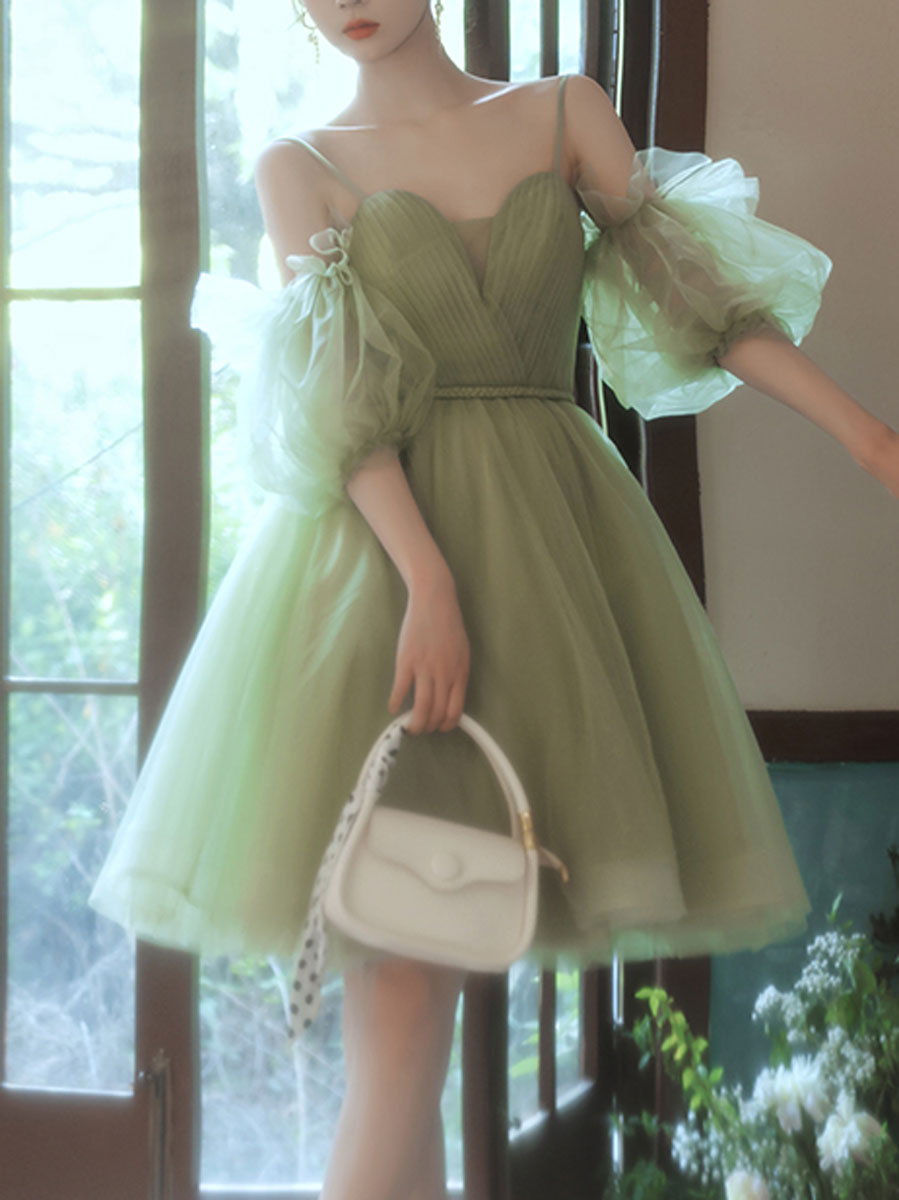 Simple Green Tulle Short Prom Dress, Green Puffy Homecoming Dress