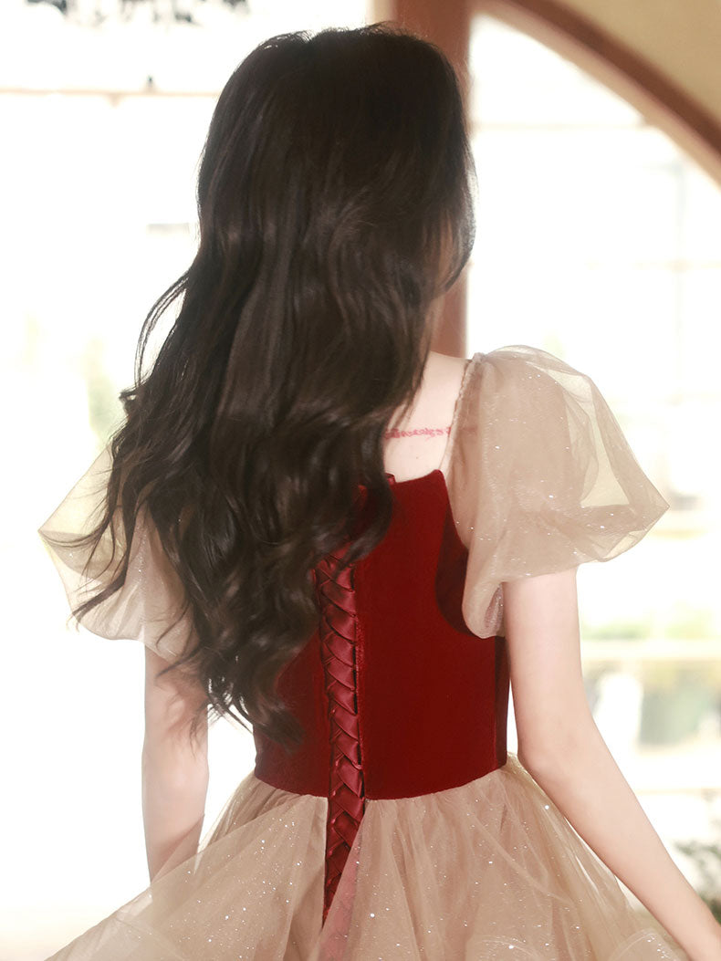 Champagne/Burgundy Tulle Short Prom Dress, Champagne/Burgundy Homecoming Dress