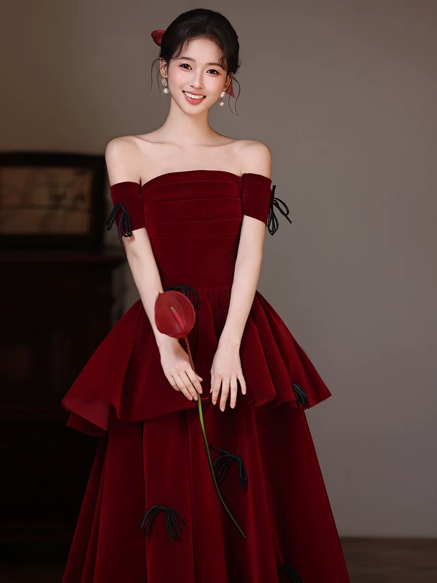 Off Shoulder A-Line Velvet Floor Length Burgundy Prom Dress