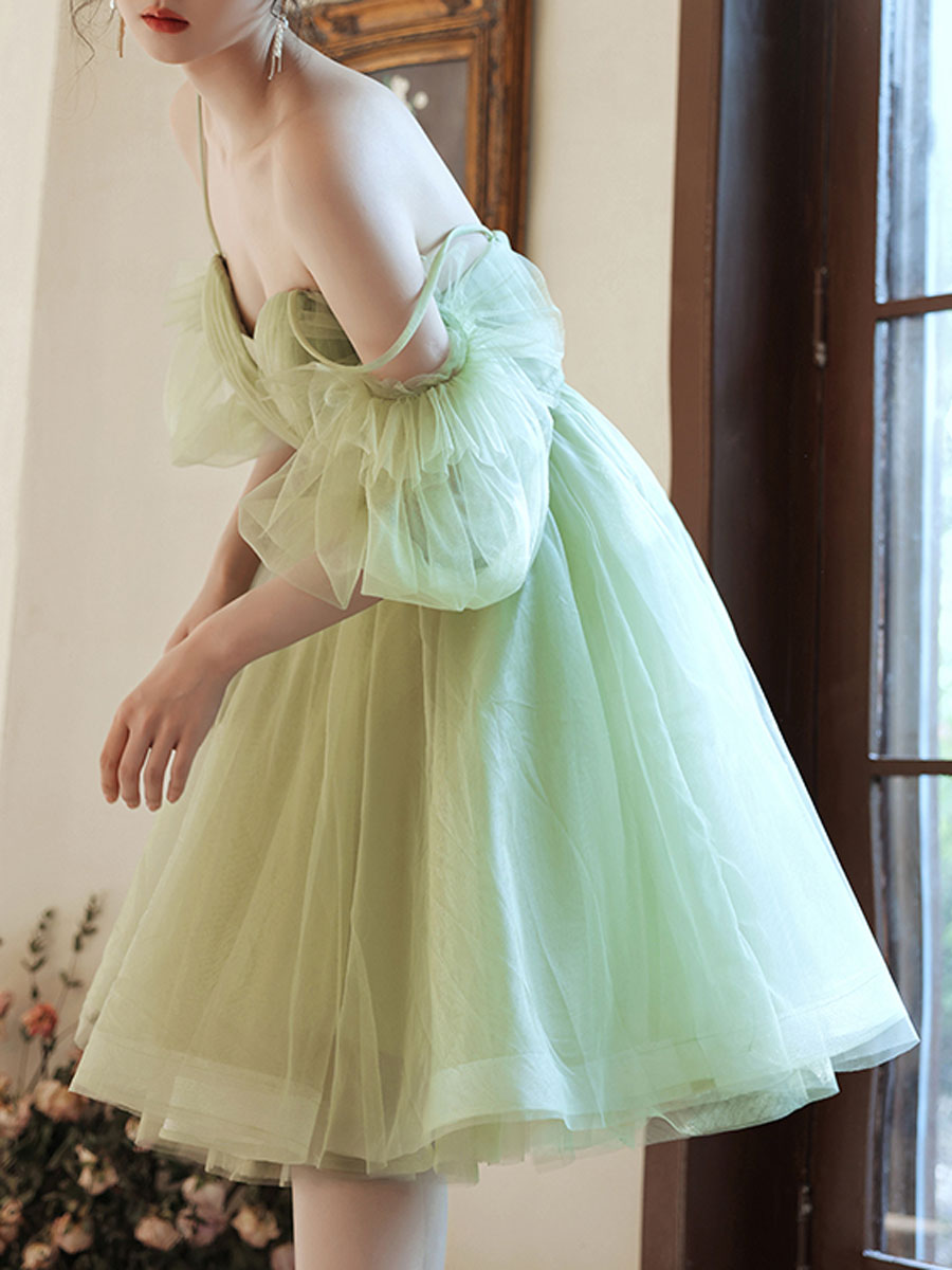 Simple Green Tulle Short Prom Dress, Green Puffy Homecoming Dress