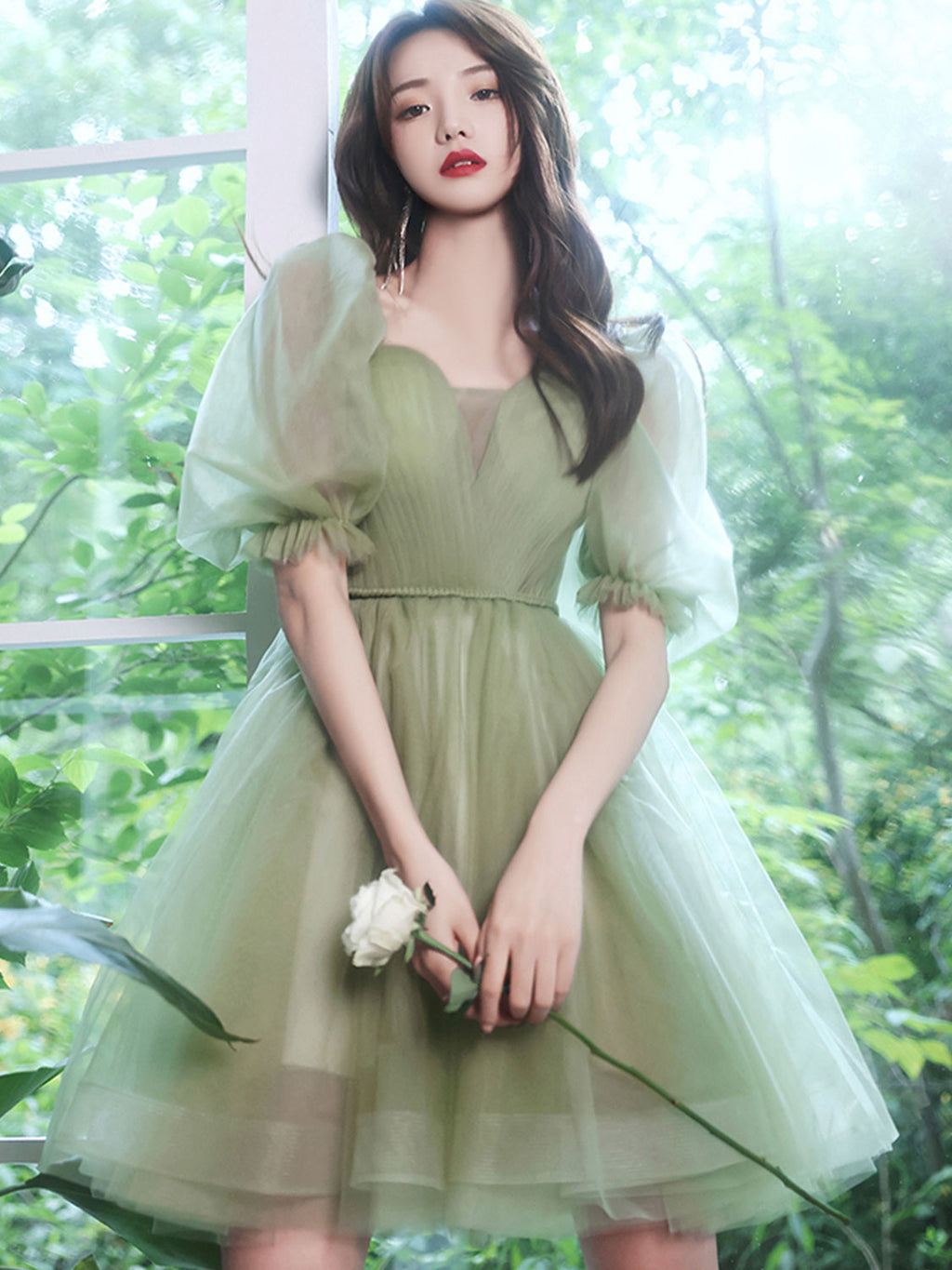 Simple Mini Tulle Short Green Prom Dress, Green Puffy Homecoming Dress