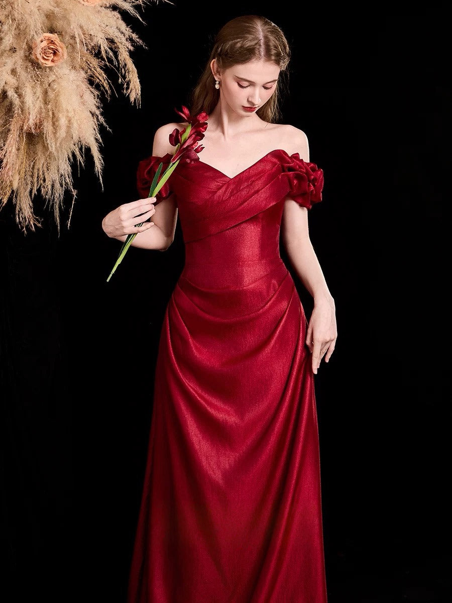 Sweetheart Off Shoulder A-line Burgundy Long Prom Dress