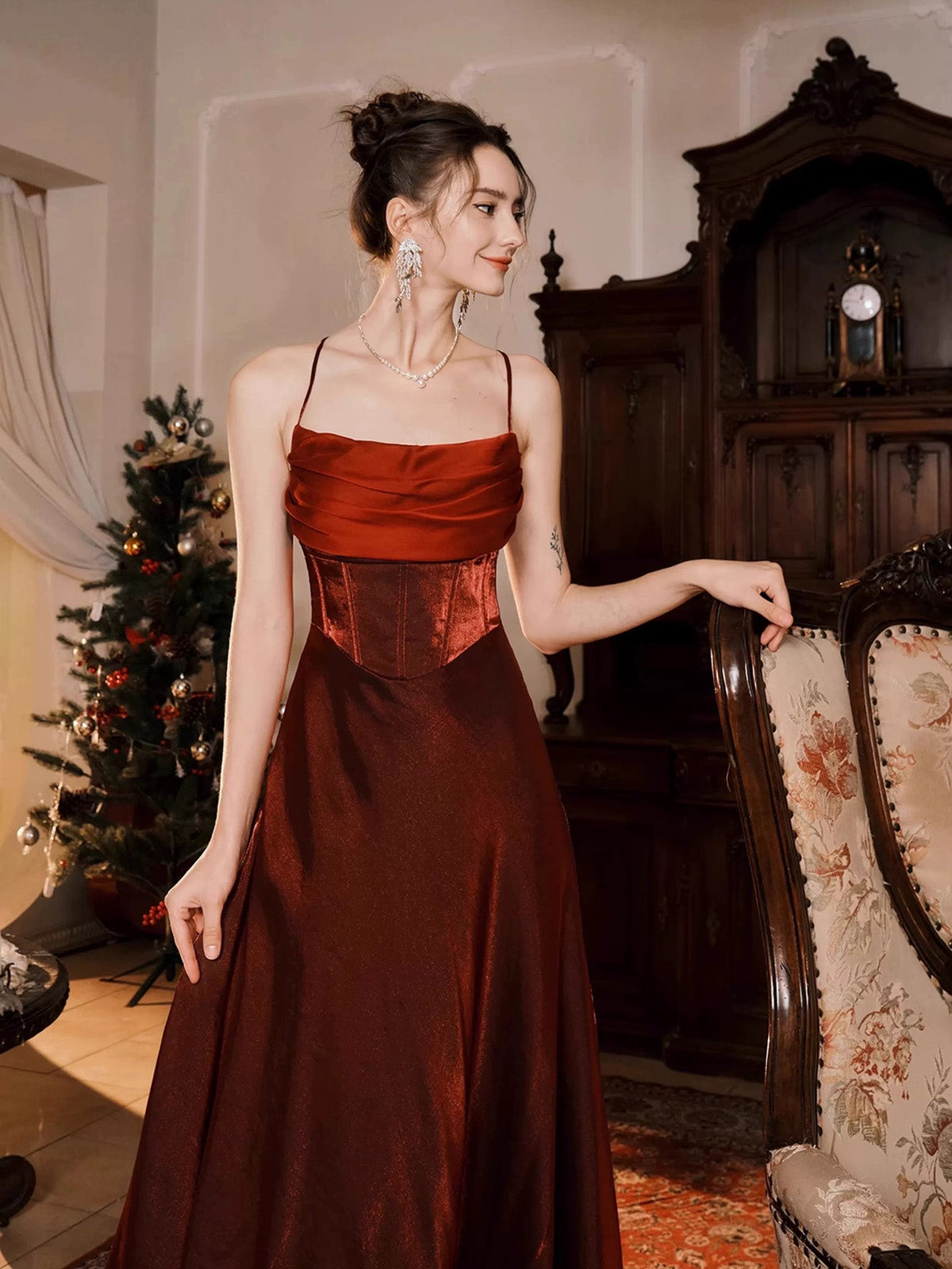 Simple A-Line Backless Tea Length Burgundy Prom Dress