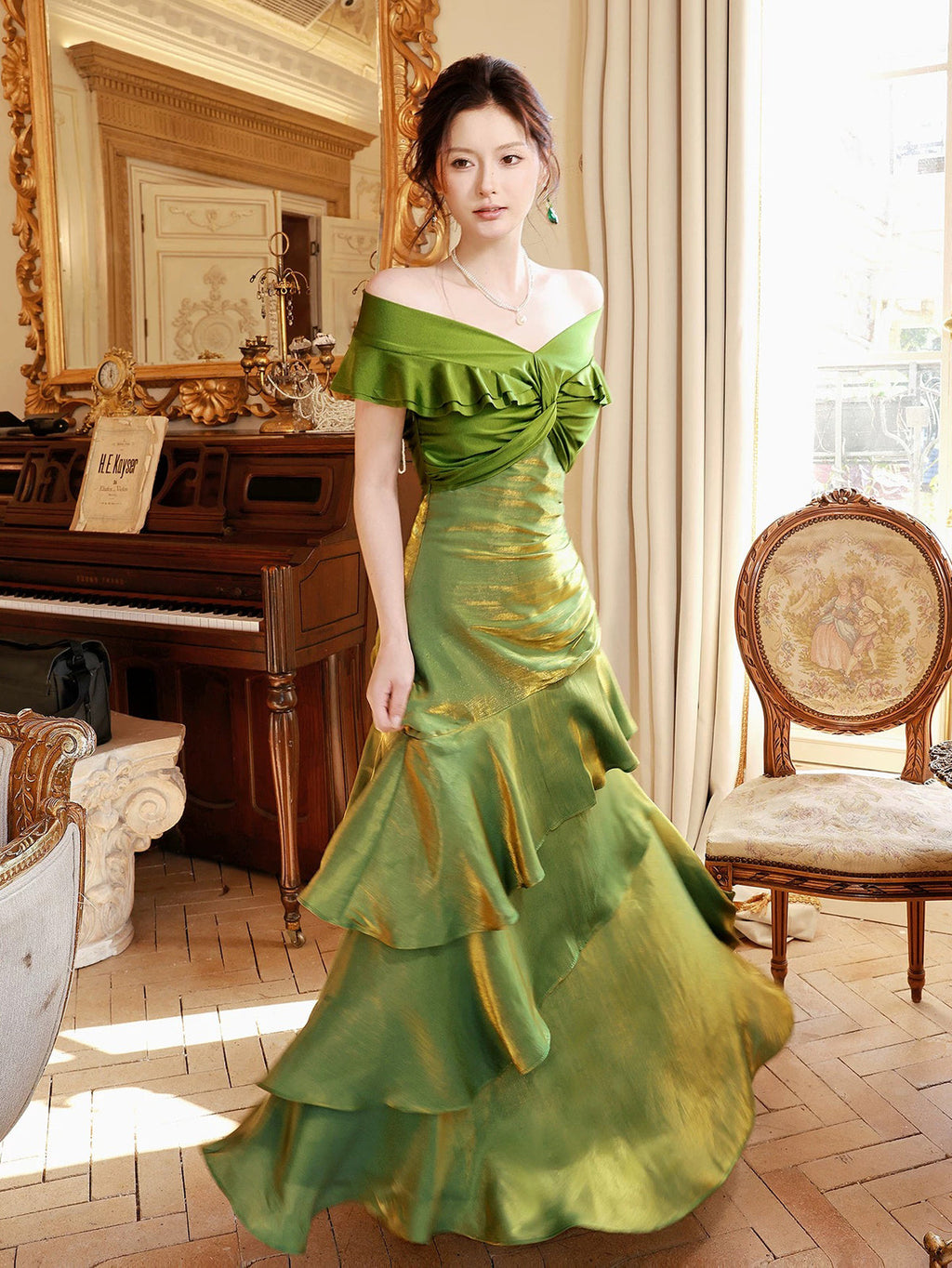 Mermaid Off Shoulder Silk Floor Length Green Prom Dress